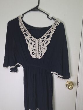 Women's Navy Midi Dress with Crochet Trim